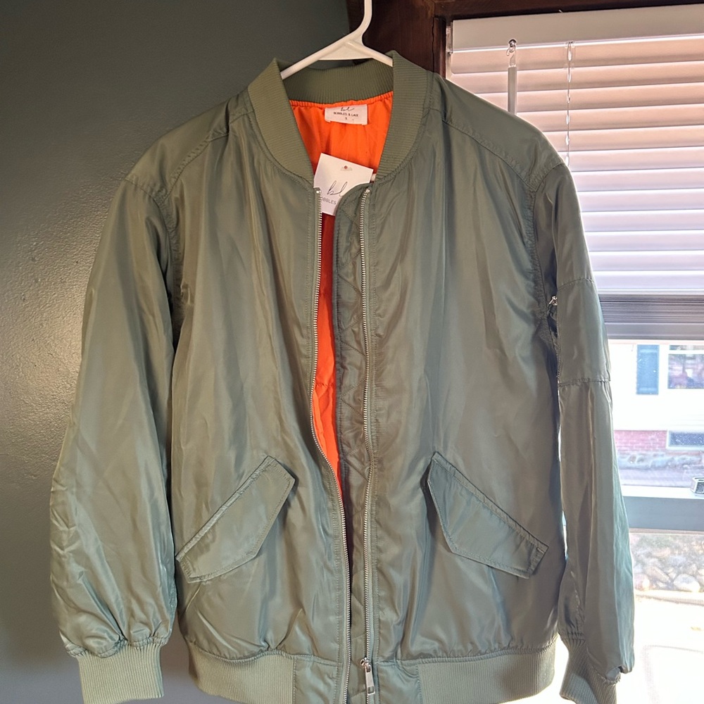 Green Bomber Jacket with Orange Lining